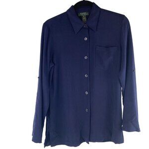Lauren Ralph Lauren Womens 8P Button Tab Sleeve Old Money Classic Navy Silk Top